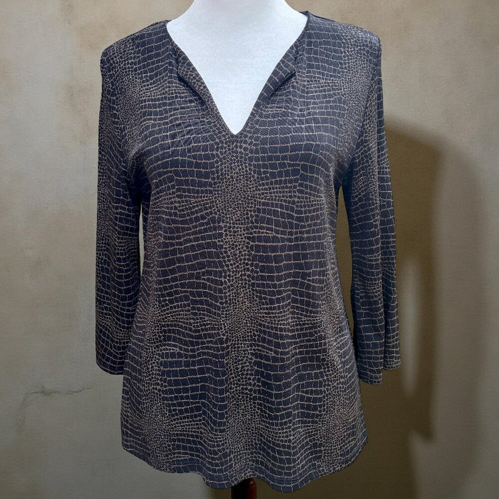 Es se Abstract Crackle Print Stretch Tunic Top 3/4 Sleeves Made in USA (Sz S)